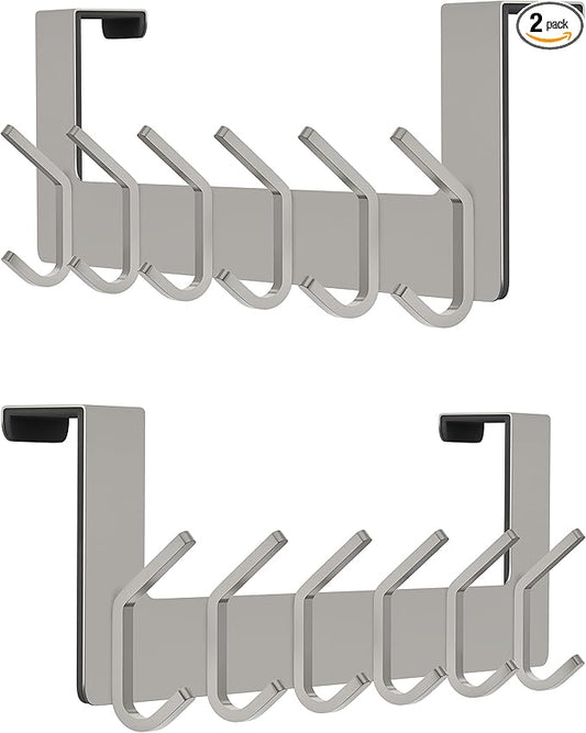 Brushed Nickel Over The Door Hooks, Heavy Duty Stainless Steel Door Hanger with 6 Double Hooks for Hanging Towels, Coats, Robes, Hats, Bags, No Drill Over Door Towel Rack for Bathroom, Bedroom, 2 Pack