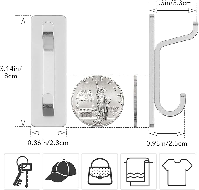 pickpiff Wall Hooks for Coat and Towel: 13LB Adhesive Door Hanger Stick on, Silver 6 Pack
