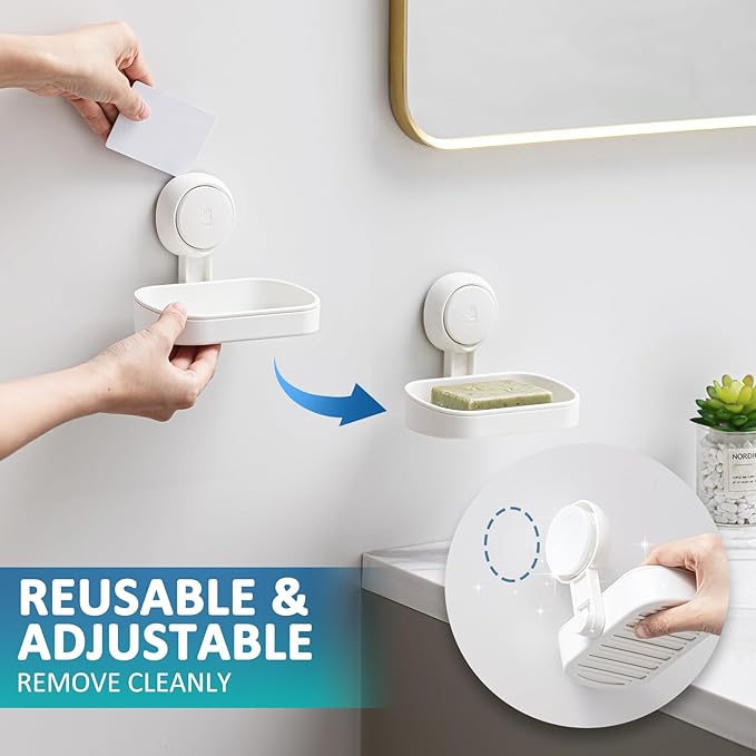 TAILI Suction Cup Soap Holder 2 Pack, Plastic Vacuum Suction Bar Soap Dish for Shower Wall Mounted Drill-Free, Bathroom,Tub,Kitchen Sink,Removable,Universal Kitchen & Bathroom Shower Accessories,White