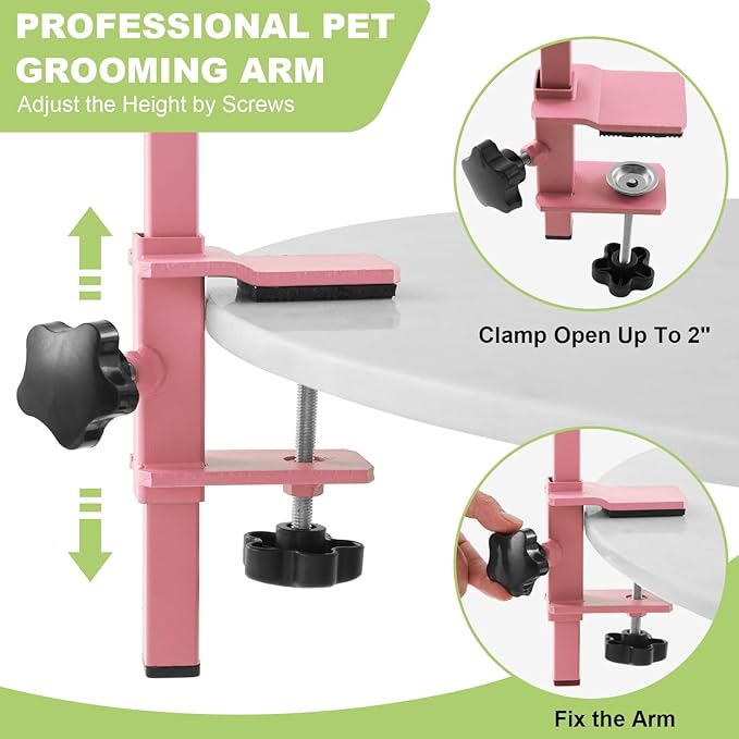 Home Dog Grooming Table Arm with Hammock 35" Height Adjustable Dog Grooming Arm with Clamp No-Sit Haunch Holders Durable Pink(Grooming Table Not Included)