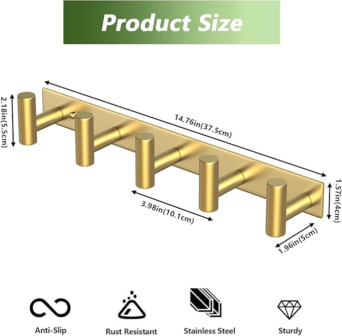 VINHOLD Wall Mounted Coat Rack-5 Hooks, Heavy Duty Stainless Steel Wall Hooks for Towel Coat Bag, Hat Rack Coat Hanger Coat Hooks Towel Racks for Bathroom Entryway Kitchen Hotel Office (Gold, 1 Pack)