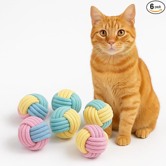 Cat Chew Balls – 6-Pack Rope Cat Toys with Crinkle Sound, Soft and Durable, for Indoor Cats, Kittens, Teeth & Gum Health