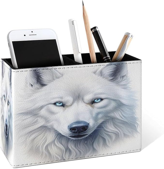 Famame White Wolf Fox Head Pencil Holder for Desk, Leather Desktop Container Pen Cup Storage Study Table Pen Organizer Makeup Brush Holder for Classroom Office Home