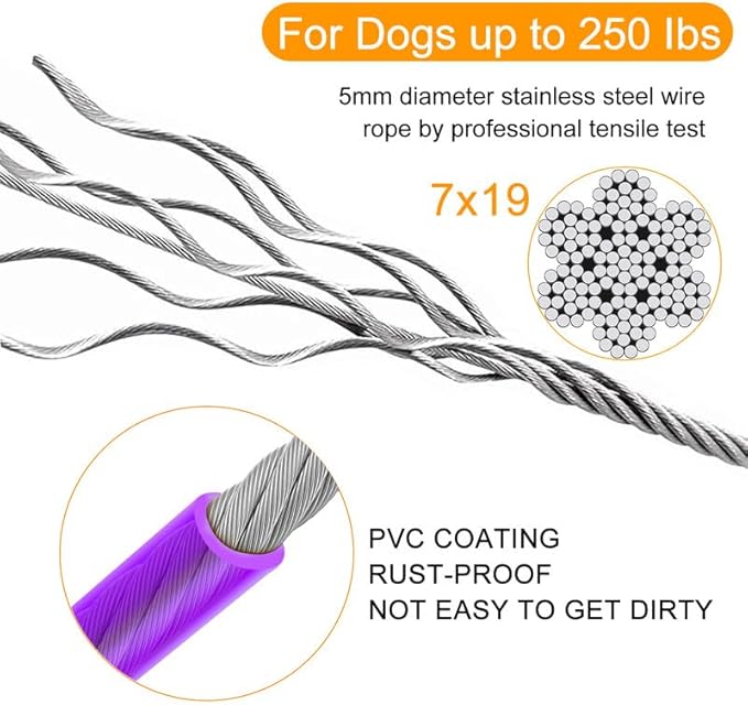 Tresbro 40FT Reflective Tie Out Cable for Dogs Up to 250 Pounds, Steel Wire Lead Leash Cable with Stainless Rotatable Buckle, Lightweight and Enduring, Dog Chains Outside for Outdoor, Yard, Purple