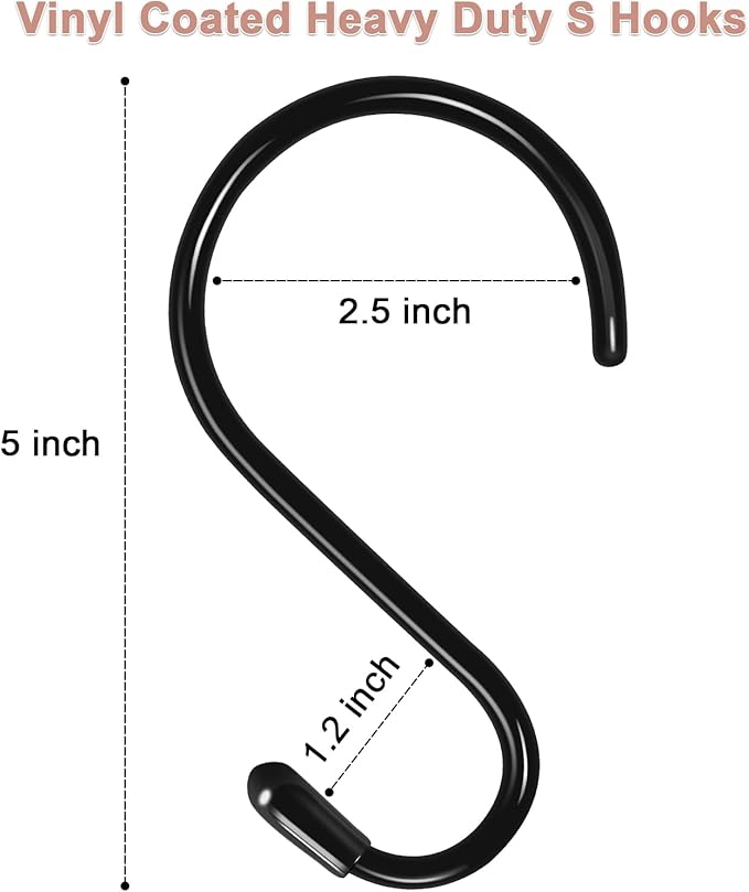 6 Pack 5 Inch S Hooks: Heavy Duty, Non-Slip, Vinyl Coated, Black Metal Steel with Vinyl Coated Surface, S-Shape, Classic Style, Ideal for Kitchen, Closet, Bathroom, Garage, Outdoor