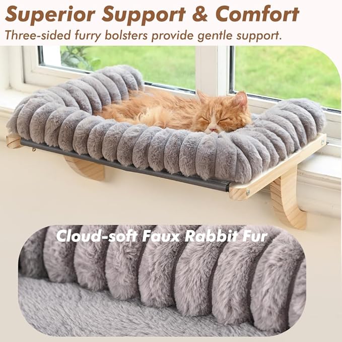 valigogo Cloud-Soft Cat Window Sill Perch with Zipper Designed Cushioned Bed, Supportive Cat Window Seat with Premium Solid Wood & Sturdy Metal Frame, Pet Hammock Bed for Large Cats (Medium, Gray)