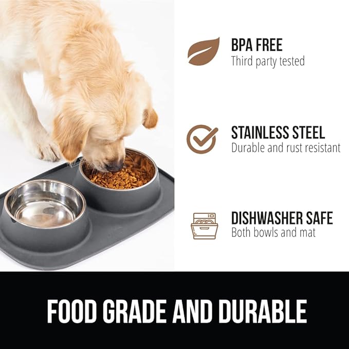 GORILLA GRIP Feeding Mat Set, 4 Cup, Patent Pending 100% Waterproof BPA Free Silicone, Stainless Steel Cat and Dog Bowls, Slip Resistant, High Edges Catch Water Food, US Designed Pet Accessories, Gray