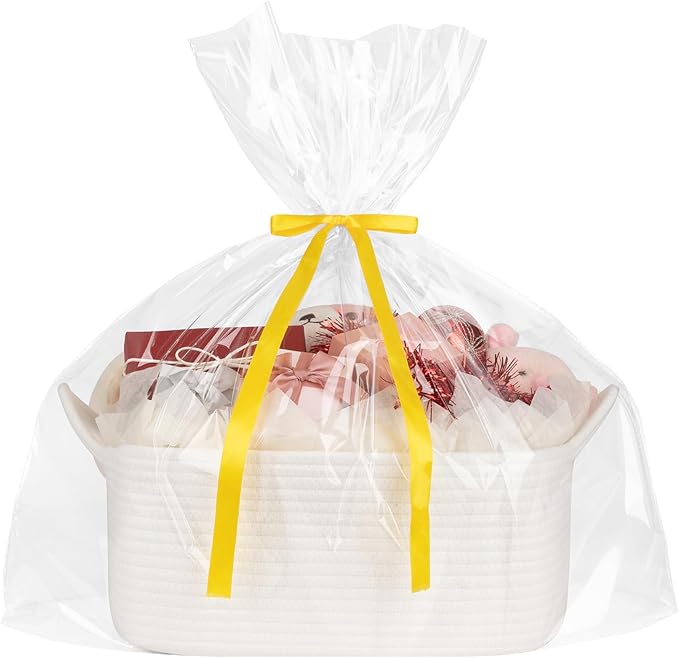 OIASKET Basket for Gifts Empty, Woven Storage Basket with Gift Bag, Ribbon and Wrap Tissue Paper, Small Rope Toy Storage with Handles for Baby Shower, Dog Toy Organizer, 15.5" x 11.4" x 6.7"