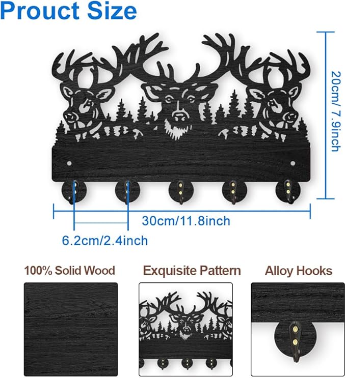 MAYJOYDIY Wood Deer Coat Rack Wall Mount Forest Animal Key Holder for Wall - Elk & Reindeer Wall Hooks - 5 Alloy Hooks for Gift, Entryway, Living Room, Farmhouse, Cabin