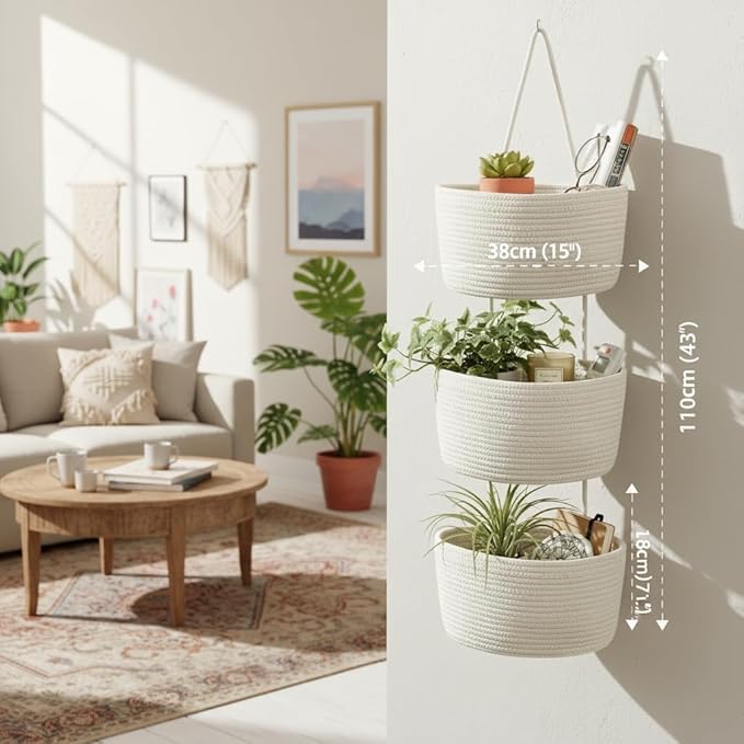 Over the Door Hanging Basket, Decorative Hanging Basket Storage, Organizing, Wall Basket Decorative Boho Decor for Nursery, Bedroom, Living Room with 4 Hooks, Whte