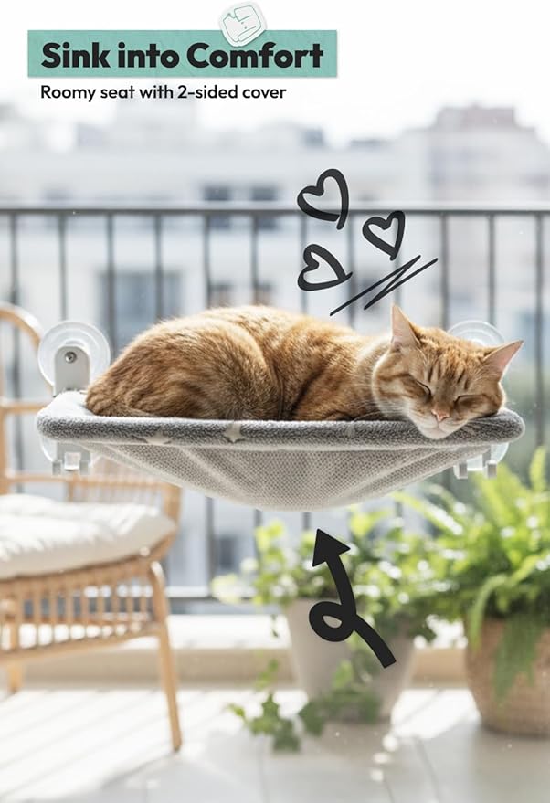 POMESEA Cordless Cat Window Perch for Large Cats, Glow in The Dark Fabric Cat Hammock for Window with 4 Strong Suction Cups, Easy to Assemble, Foldable Window Seat for Cats Inside, Gray L