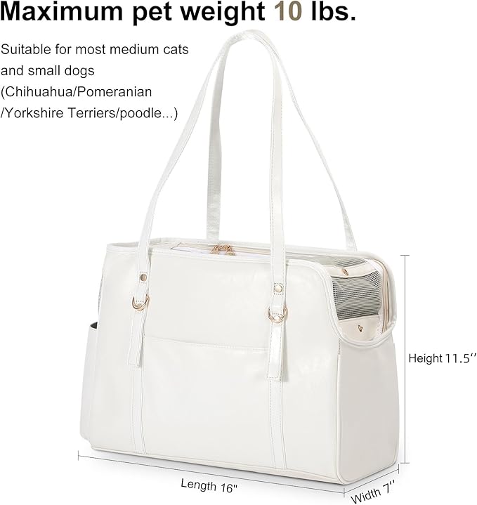 Lasaviin Dog Carrier Purse, Fashion Leather Pet Carrier with Pockets, Airline Approved Soft Sided Dog Carrying Bag for Puppy Cat Dog White