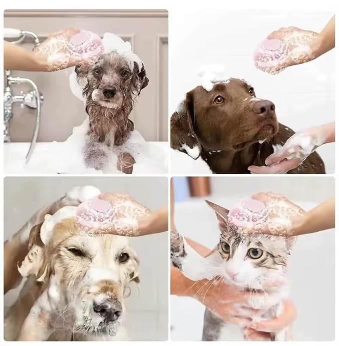 2-in-1 Dog Bath Brush with Shampoo Dispenser – Soft Silicone Pet Grooming Brush for Dogs & Cats – Gentle Massage & Deep Cleaning Bath Scrubber, Easy to Use and Refill, Pink