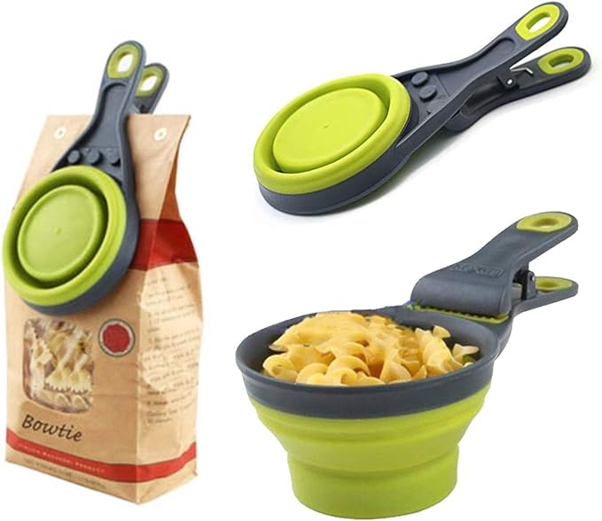 Acronde Collapsible Pet Scoop Silicone Measuring Cups Set Sealing Clip 3 in 1 Multi-Function Scoop Bowls Bag Clip for Dog Cat Food Water Set of 2 (1 Cup & 1/2 Cup Capacity) (Multicolor)