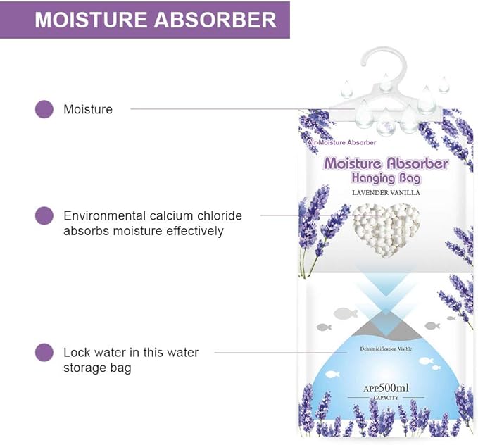 CANAGER Hanging Moisture Absorber, Lavender Vanilla Moistureproof Hanging Bag，Dehumidifier Bag (8 packs) Hanging Closet Dehumidifier Bags, Moisture Absorb 12.5 oz