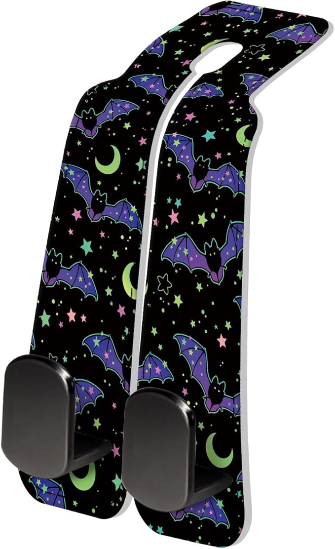 PU Leather Car Seat Hook, Storage Headrest Hanger, Cute Car Backseat Organizer, Car Hooks For Purses and Bags Purple Bat Moon