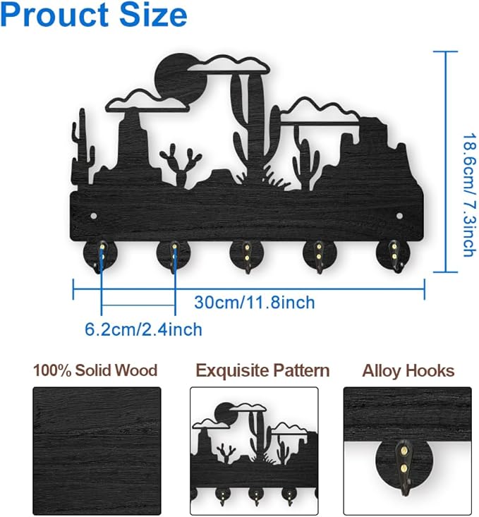 MAYJOYDIY Cactus Desert Coat Rack Wall Mount Wood Desert Landscape Key Holder for Wall 11.8×7.3inch 5 Alloy Hooks Wall Art Decor Black Key Rack Organizer for Gift Entryway Hallway Kitchen Room