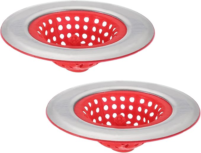 uxcell Silicone Sink Strainer, 2Pcs Kitchen Sink Drain Strainer Stopper with Stainless Steel Edge 4.4" Diameter Rim, Red