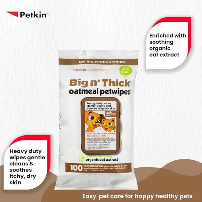 Petkin Pet Wipes for Dogs and Cats, Oatmeal, 100 Wipes (Large) for Dogs and Cats - Soothes Itchy Dry Skin and Cleans Ears, Face, Butt, Body and Eye Area - Idea for Home and Travel