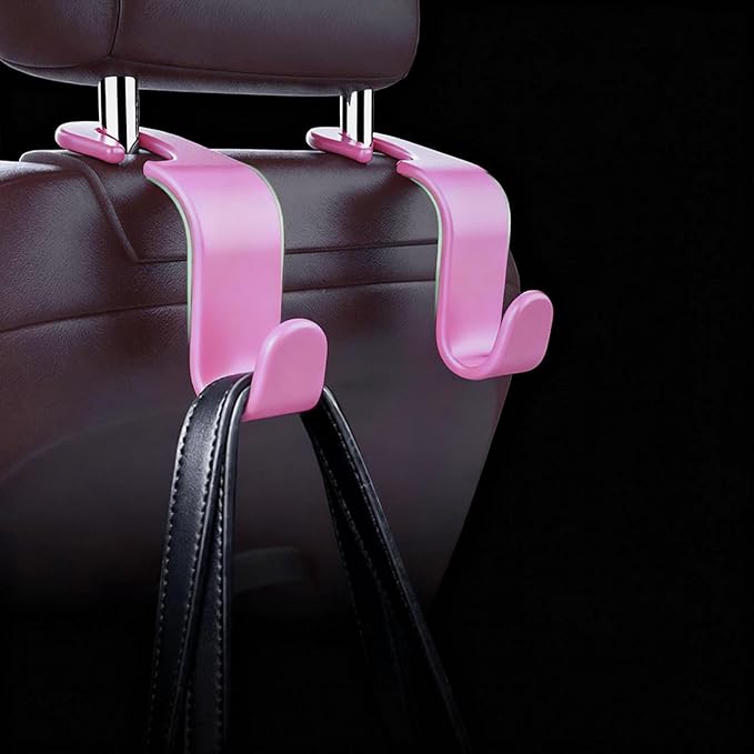 ANULEYO 4 car Hooks for headrests, PE Material seat Back Hooks and Phone Holder, Double Headed Pillow, Wallet Storage, Handbags, Bags (Pink)
