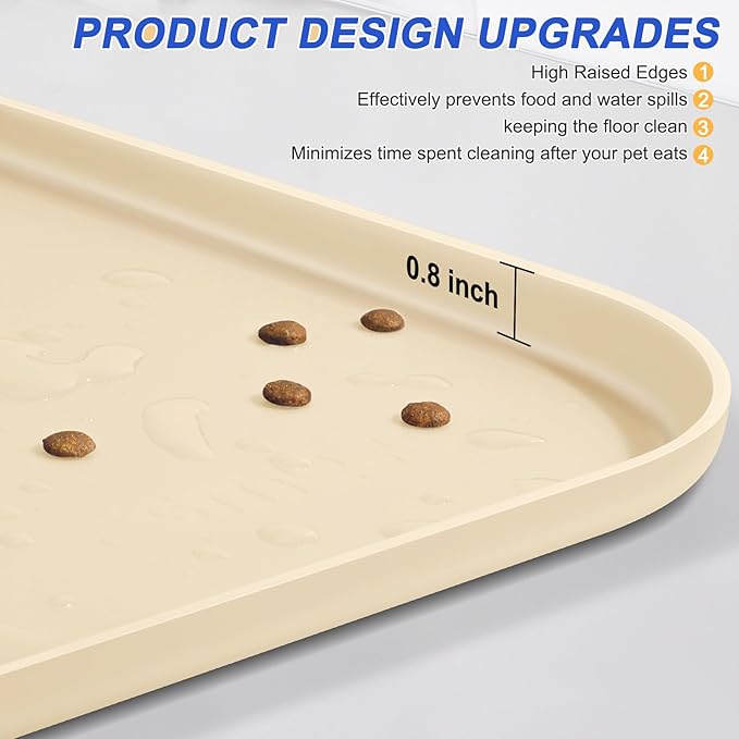 Silicone Pet Feeding Mat with Raised Edge for Food and Water, Dog Bowl Mats, Cat Bowls Placemat with High Lip for Floor Waterproof, Rubber Tray for Cats and Dogs 24 x 16 x 0.8 White Sand (Yellow Cast)