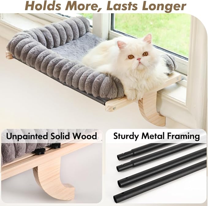 valigogo Cloud-Soft Cat Window Sill Perch with Zipper Designed Cushioned Bed, Supportive Cat Window Seat with Premium Solid Wood & Sturdy Metal Frame, Pet Hammock Bed for Large Cats (Large, Gray)