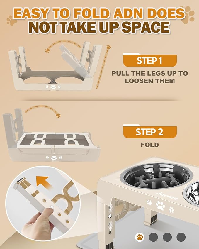 Jovrun Elevated Dog Bowls, Dog Feeder with Stainless Steel Dishes & Slow Feeder Bowl, 5 Heights Adjustable Raised Stand for Medium Large, Food Dishes with Non-Slip Feet