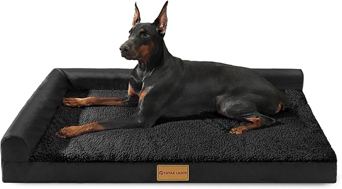 Patas Lague Orthopedic Dog Bed Large Sized Dog 36''X24'', Waterproof L Bolster Medium Pet Sofa Beds with Removable Washable Cover, Soft Pet Couch Crate Mat with Nonskid Bottom, Black