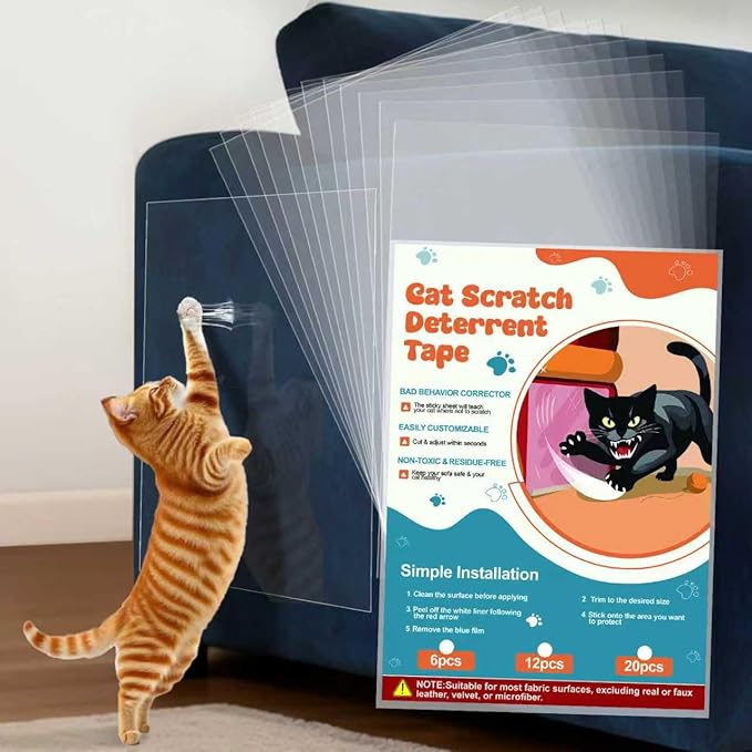 12 Pack Cat Scratch Furniture Protector – Double-Sided Sticky Deterrent Training Tape from Cat Claws, Clear Anti-Scratch Guard for Couch, Sofa, Doors, Easy Apply & Residue-Free, Not for Leather,Velvet