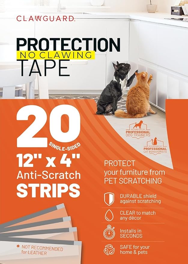 CLAWGUARD Protection Tape Strips – 20 Pre-Cut 12x4 in Scratch Barriers – Door Scratch Protector Dog & Cat – Couch Protector from Cat Claws