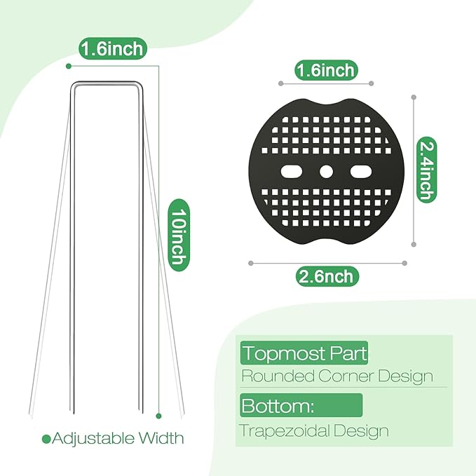 RAOOKIF Landscape Staples 10 Inch, 25 Pcs Galvanized Landscape Stakes with 25 Pcs Gaskets, 11 Gauge Heavy Duty U-Shaped Garden Staples for Weed Barrier Fabric, Tent, Lawn, Fence, Outdoor Decor