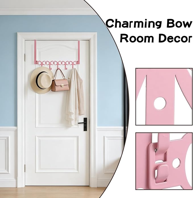 Over The Door Hooks, Bow Room Decor, Pink Bowknot Over The Door Hooks with 5 Hooks, for Bags, Towels, Hats, Keychains, Coats, Home Organizer