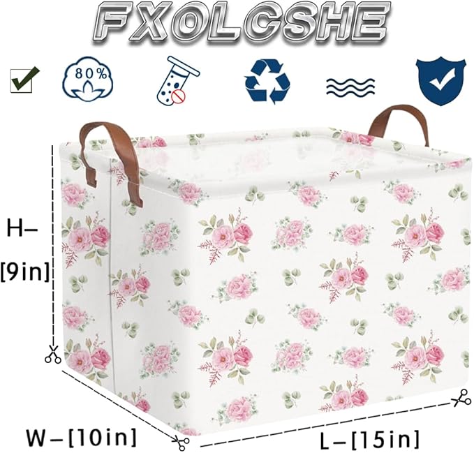 FXOCSHE Rectangular Rose Pink Flower Basket for Girls,Waterproof collapsible laundry basket for girls,Kids Storage Baskets,Books Box,Gift Baskets,Baby Room Decor(Pink Flowers)