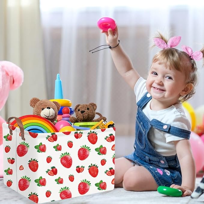 FXOCSHE Rectangular strawberry basket,Waterproof foldable storage box with handle,Gift basket,Baby Girl Baskets,Girl room decor,Books Box(Strawberry)