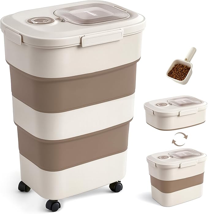 45-50lbs Dog Food Storage Container, Large Capacity Collapsible Airtight Pet Food Storage Containers with Rolling Wheels, Transparent Lid, Scoop and Date Track, Brown
