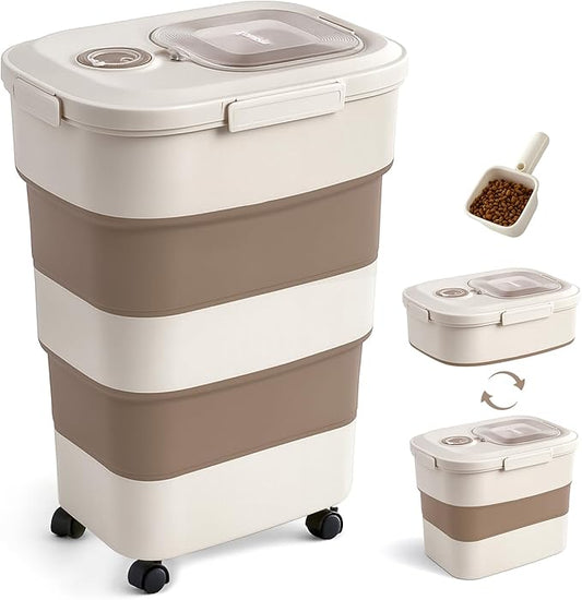 45-50lbs Dog Food Storage Container, Large Capacity Collapsible Airtight Pet Food Storage Containers with Rolling Wheels, Transparent Lid, Scoop and Date Track, Brown