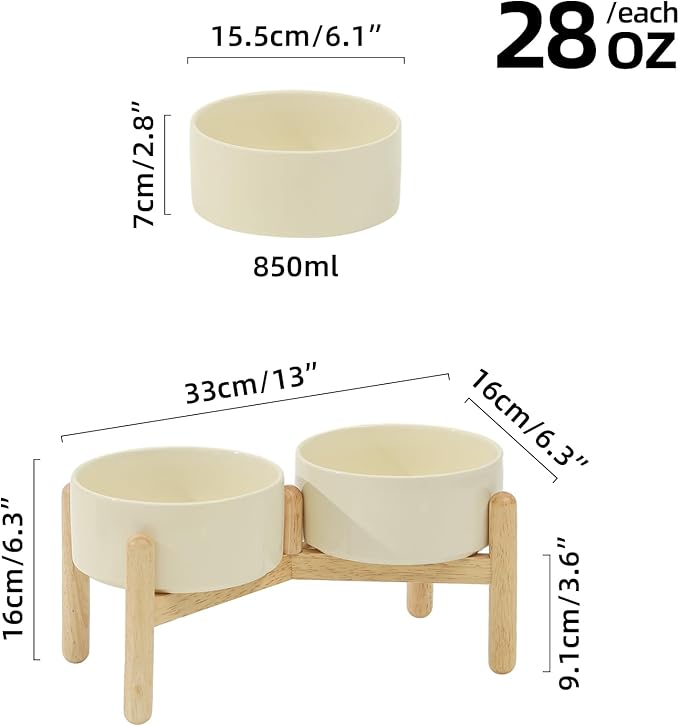 Ceramic 6.1inch Raised Dog Bowl with Stand for Small and Medium Breed Dog Dish Pet Food and Water Bowl (Double Bowl with Stand - Beige, 28oz)