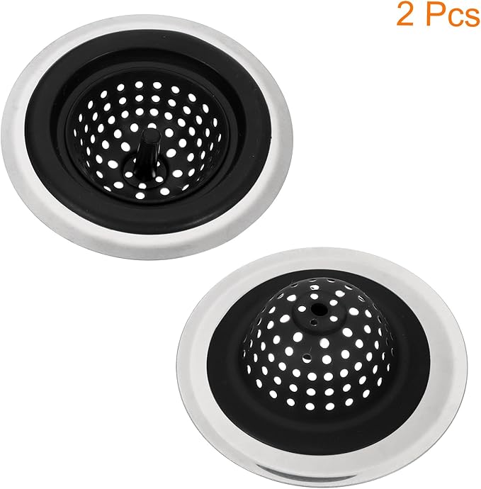 uxcell Silicone Sink Strainer, 2Pcs Kitchen Sink Drain Strainer Stopper with Detachable Stainless Steel Edge 4.7" Diameter Rim, Black
