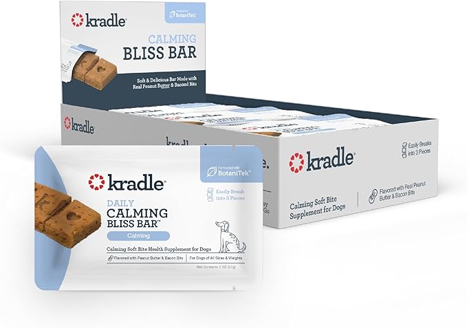 Kradle Bliss Bars for Dogs - Peanut Butter Flavored Calming - GABA L-Theanine - On The Go Packaging - Supports a Calm Demeanor - 12 Bars