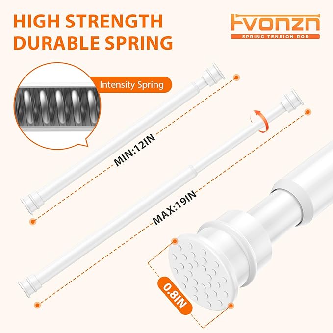 Fvonzon 4 Pack Small Tension Rods 12-19 Inch, Thin Tension Curtain Rods for Windows, Spring Rod for Closet, Cabinet & Kitchen, Mini Curtain Rod Tension Fit, Tiny Skinny Compression Rods White