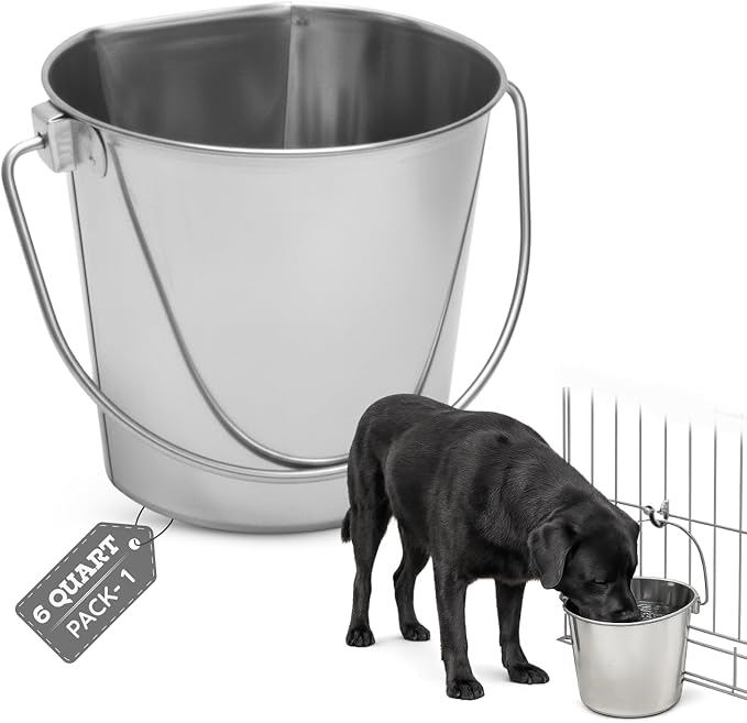 AASPIRE PETS 6 Quart Stainless Steel Flat Side Bucket | Durable Heavy Duty Food & Water Feeding Pails for Dog Cat Goat Sheep | Fits kennels Cages Critter Crates Hanging Pet Pail | Multipurpose Buckets