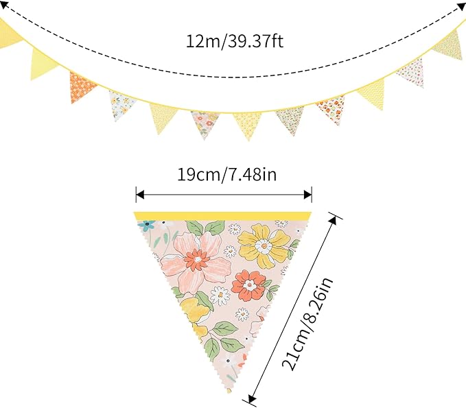 G2PLUS 39Ft Triangle Bunting Banner, 42Pcs Yellow Floral Garland Pennant Banner, Reusable Cotton Triangle Flags Party Decoration for Birthday, Wedding, Garden Tea Party, Baby Shower, Room Decor