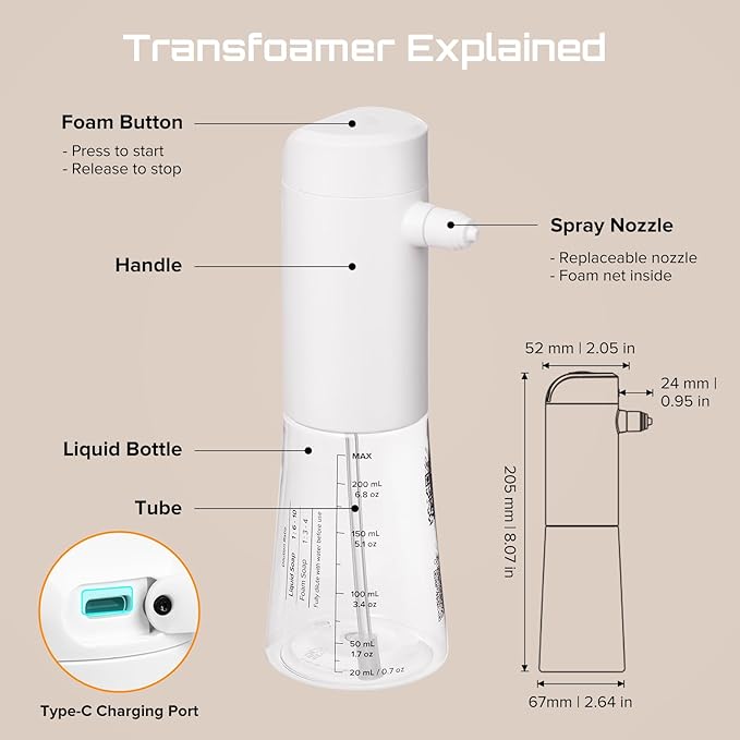 Airversa Electric Foaming Shampoo Dispenser Foam Sprayer 1100mAh IPX8 Shampoo Foamer for Woman Men Baby Kid Dog Cat ES1-White