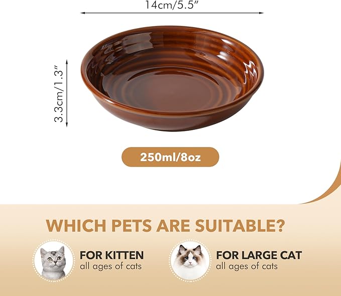 Ceramic Wide Whisker Friendly Cat Dishes, Set of 3 Ceramic Cat Bowls, Anti-Slip Indoor Kitten Feeding Food& Water Dish to Prevent Whisker Fatigue(3 Pcs, Caramel Brown)