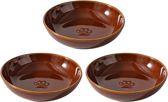 Ceramic Wide Whisker Friendly Cat Dishes, Set of 3 Ceramic Cat Bowls with Paw Print, Anti-Slip Indoor Kitten Feeding Food& Water Dish to Prevent Whisker Fatigue(3 Pcs, Caramel Brown)