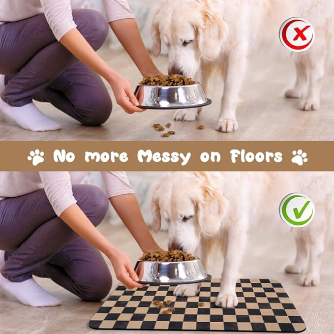 Dog Food Mats for Floors Waterproof, Pet Water Bowl Mats Pet Feeding Absorbent Placemats Plaid 24 * 32 inch