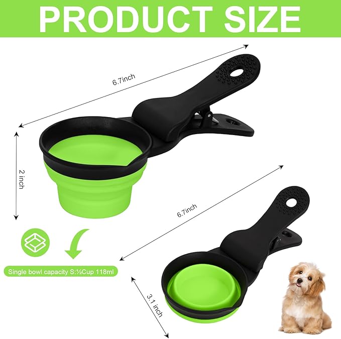 PNEUICALLY Collapsible Dog Food Scoop Foldable Pet Food Bag Clip 3 in 1 Multi-function Silicone Cat Food Measuring Cup Scoop Dog Food Scooper Pet Food Storage Clip (Green, 1/2 Cup Capacity(1 Pack))