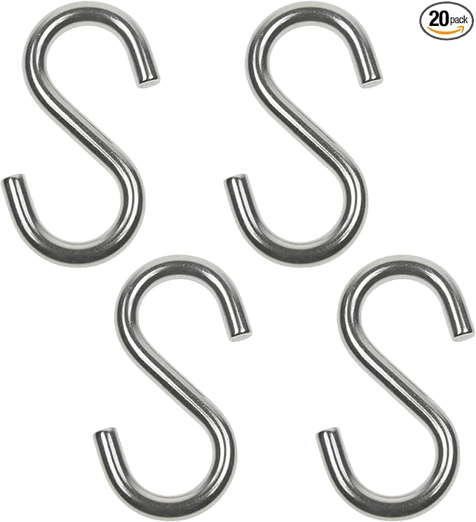 Wideskall® 2" inch Heavy Duty Small Zinc Plated Steel S Shaped Type Utility Hooks Hanging Hooks Chrome (Pack of 20)