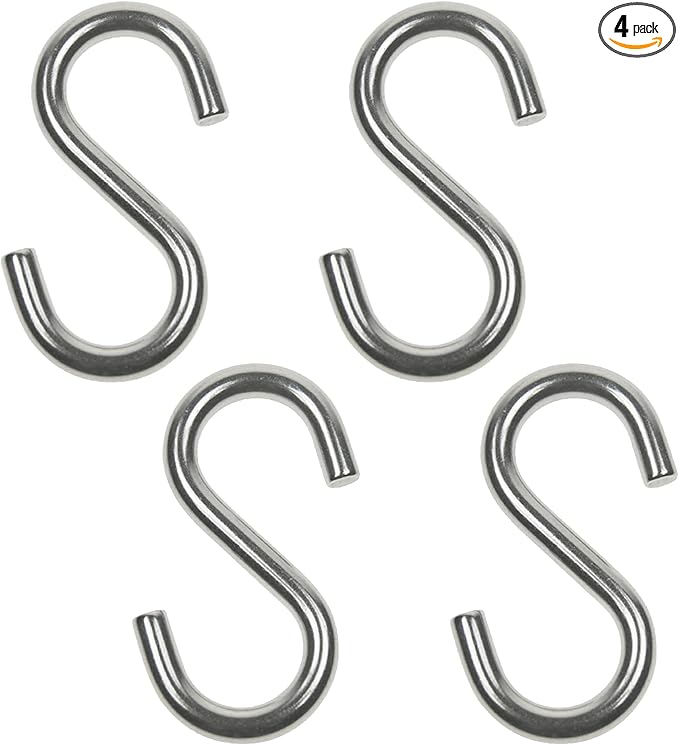 Wideskall® 1.75" inch Heavy Duty Small Zinc Plated Steel S Shaped Type Utility Hooks Hanging Hooks Chrome (Pack of 4)