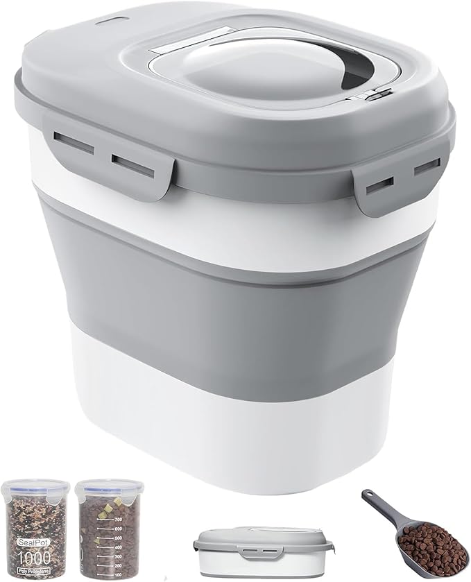 DDMOMMY 30-35 Lbs Dog Food Storage Container Collapsible Dog Food Container with Airtight Lids, Wheels, Scoop and 2pcs Food Storage Containers, Large Pet food storage for Dog, Cat